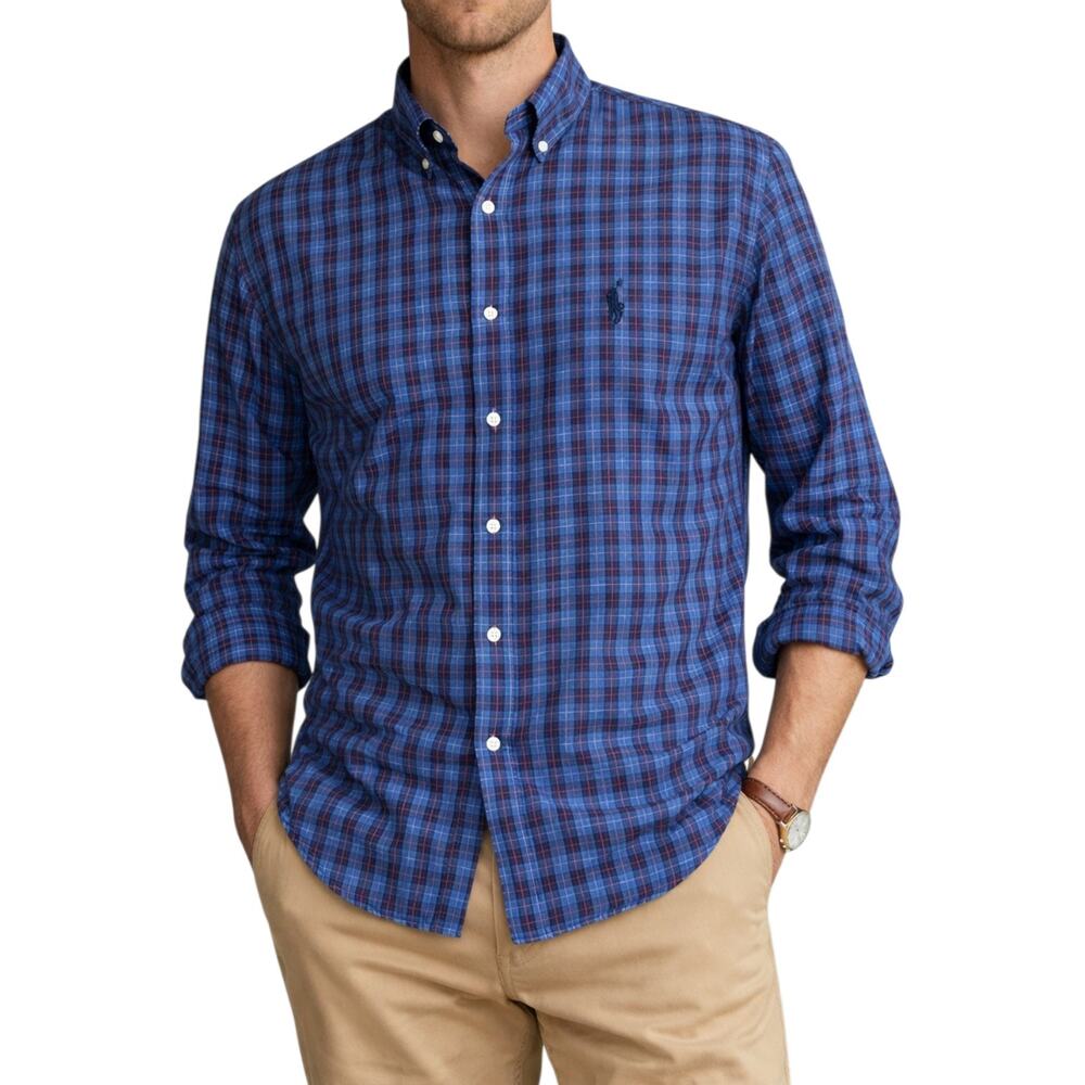 Ralph Lauren Classic Fit Blue Plaid Cotton Button Down Shirt Men's Large Preppy - Picture 1 of 16